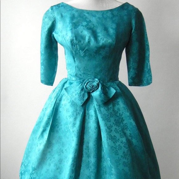 Vintage 1950 Teal Satin Damask Dress - Picture 5 of 6